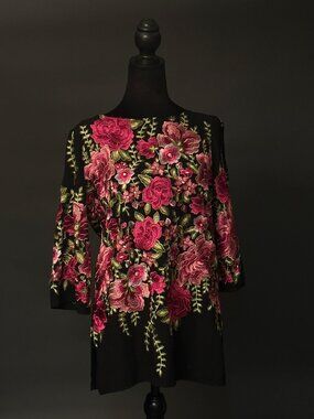 Karen Kane Black Blouse w/ Embroidered Magenta Flowers